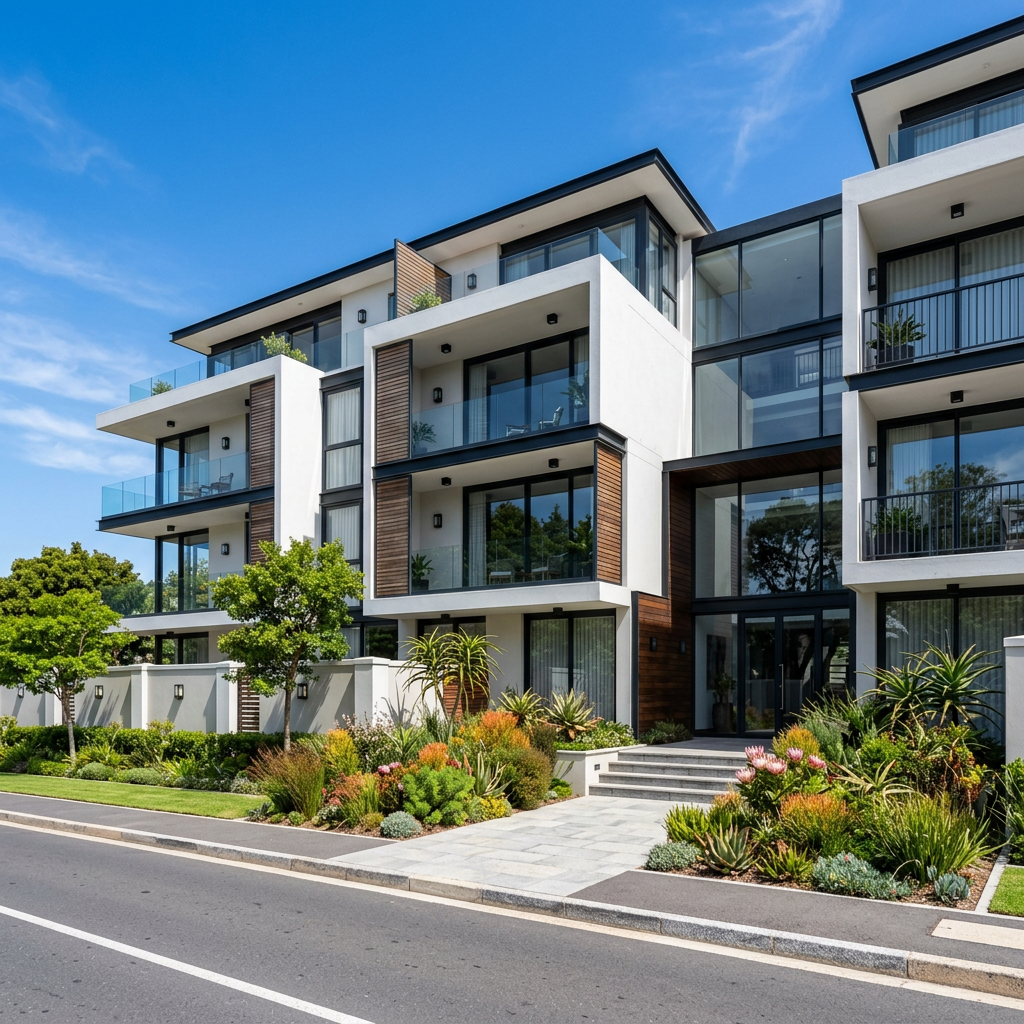 A modern South African residential apartment block, representing the properties managed with BodmasBooks